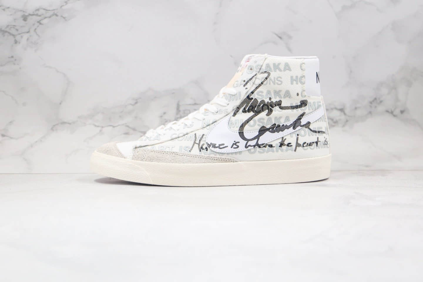耐克Nike Blazer x Naomi Osaka x CDG纯原版本中帮开拓者川久保玲大坂直美三方联名款白灰色涂鸦板鞋原盒原标 货号：DA5383-100