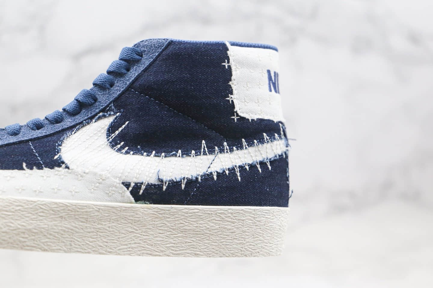 耐克Nike SB Blazer Mid Premium Sashiko Sesame纯原版本中帮开拓者王一博同款牛仔蓝色补丁刺绣板鞋原盒原标 货号：CT0715-400
