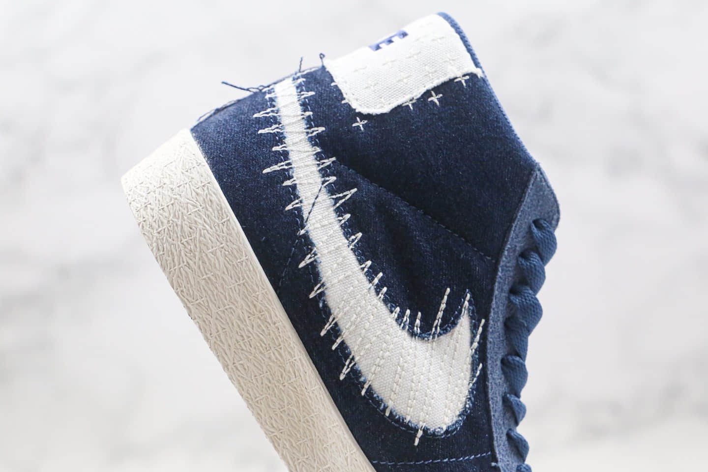 耐克Nike SB Blazer Mid Premium Sashiko Sesame纯原版本中帮开拓者王一博同款牛仔蓝色补丁刺绣板鞋原盒原标 货号：CT0715-400